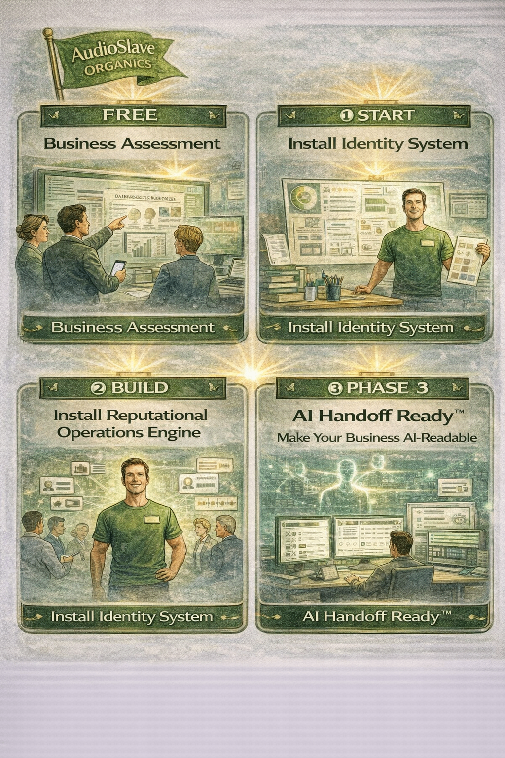 Four phase cards: Free Business Assessment, Install Identity System, Install Reputational Operations Engine, AI Handoff Ready